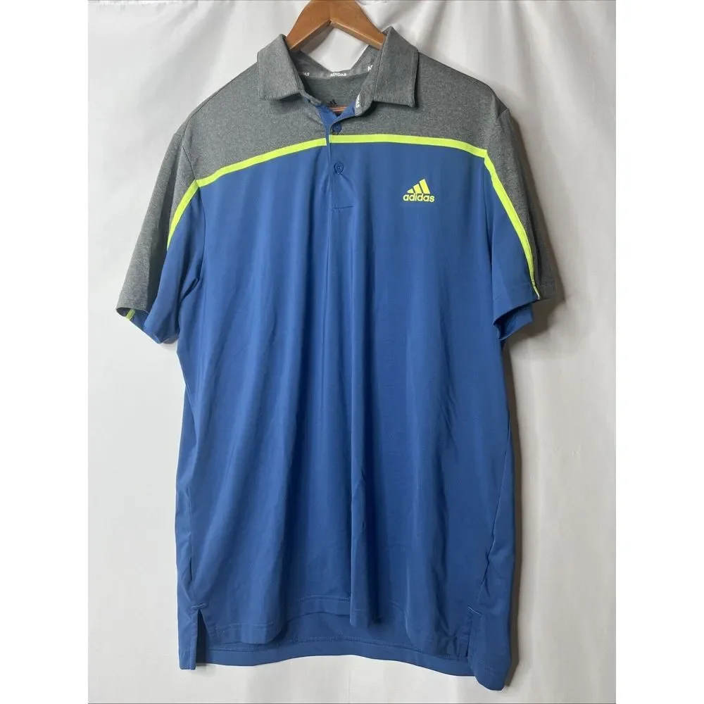 Adidas Golf Polo‎ Shirt Men's Casual Blue Gray Yellow Button Short Sleeve L
